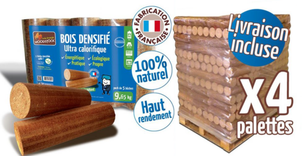 Bûches calorifiques WOODSTOCK 4 palettes, 416 sacs de 5 bûches